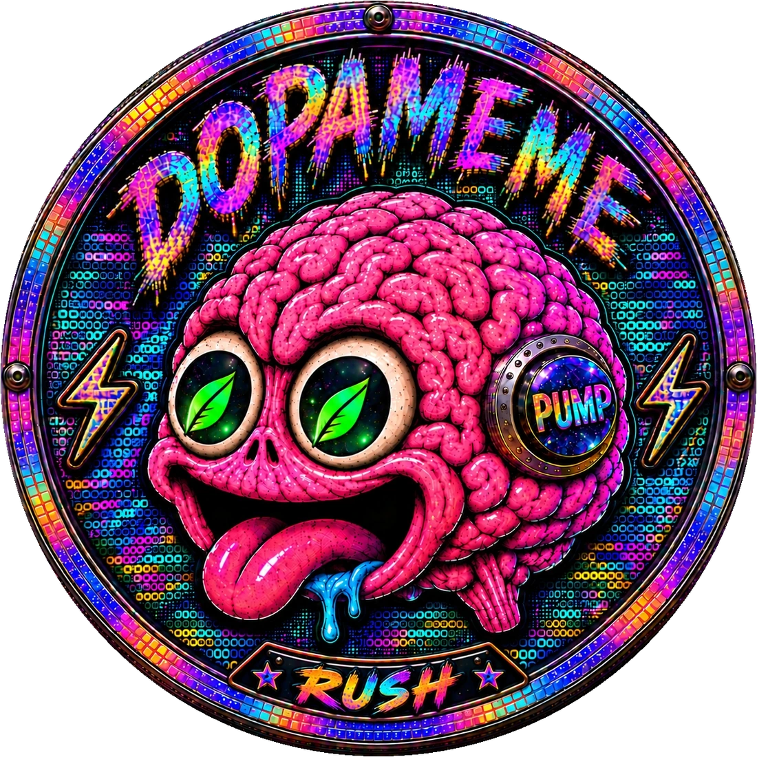 DOPAMEME RUSH: a pink cartoon brain with green feather-shaped pupils, a playful tongue, blue drool and a rainbow metal coin rim.